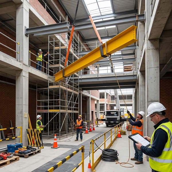 Construccion con izaje de vigas, montaje de estructuras metalicas y maniobras controladas de carga en Bogota, Colombia. IMPROCOL